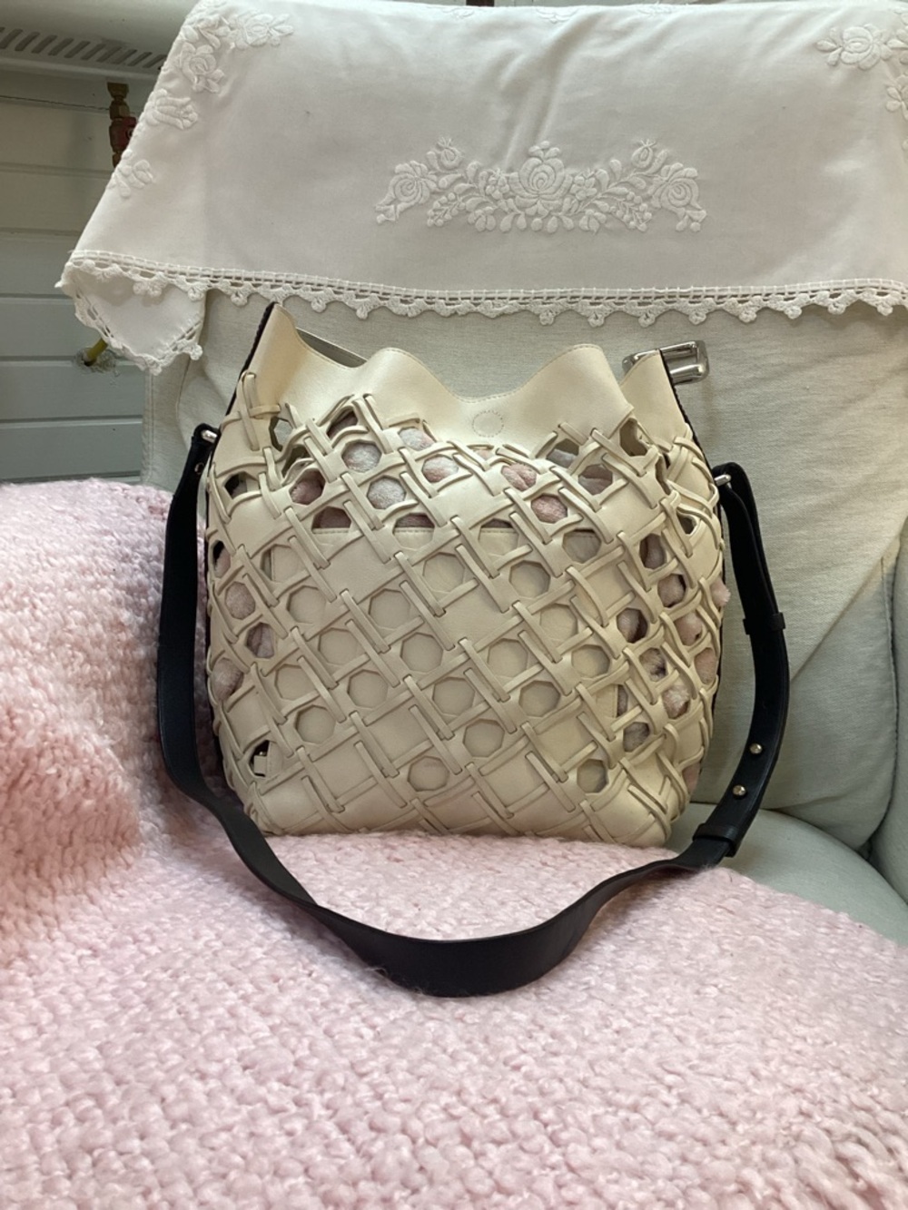 3.1 Phillip Lim Perforated Leather Bucket Bag in Cream with Black Strap